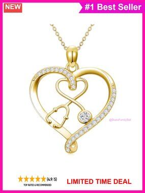 925 Sterling Silver Heart Stethoscope Nurse Necklace 18+2"
